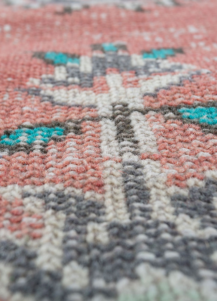 vintage red and orange wool hand knotted Rug - CloseUp