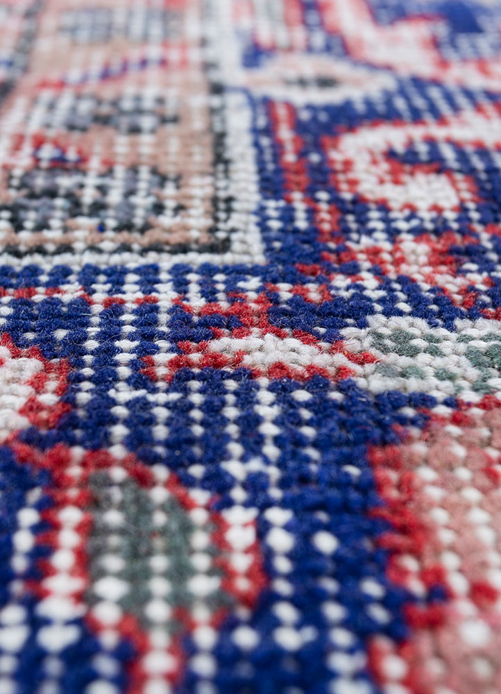 vintage red and orange wool hand knotted Rug - CloseUp