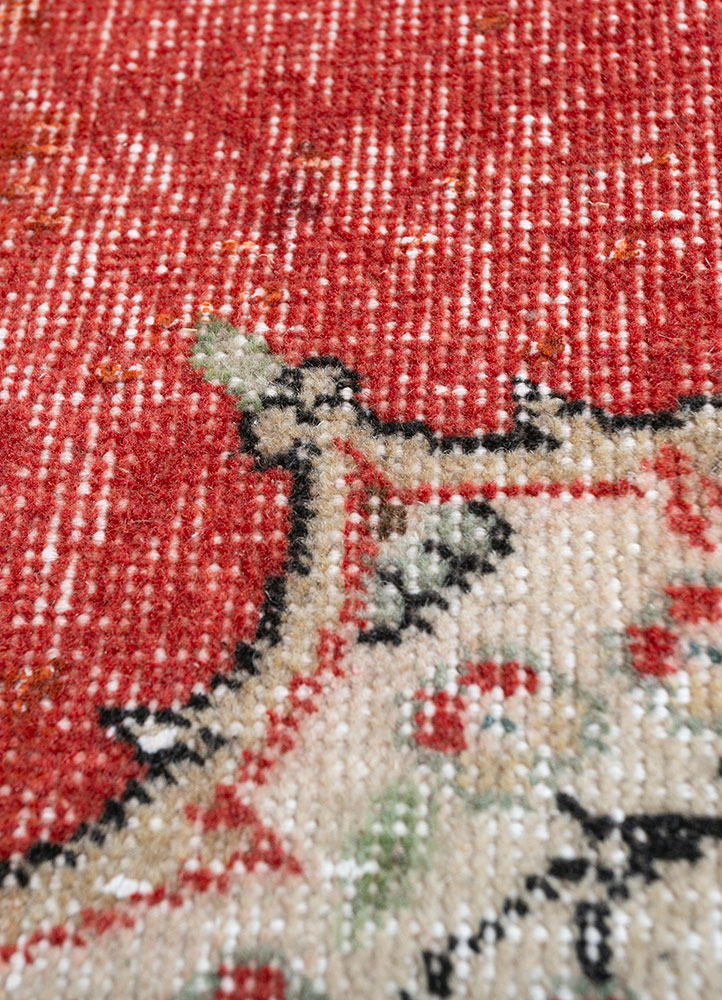 vintage red and orange wool hand knotted Rug - CloseUp