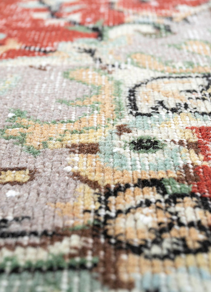 vintage red and orange wool hand knotted Rug - CloseUp