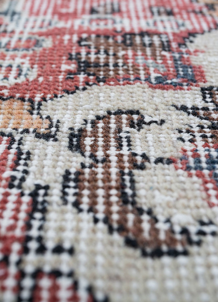 vintage red and orange wool hand knotted Rug - CloseUp