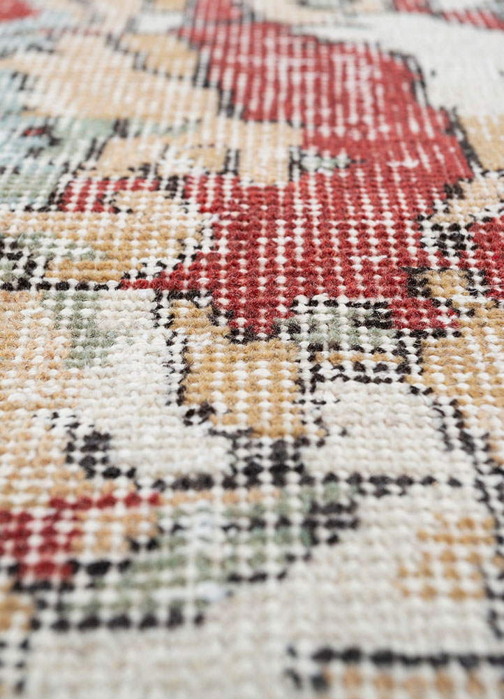 vintage red and orange wool hand knotted Rug - CloseUp