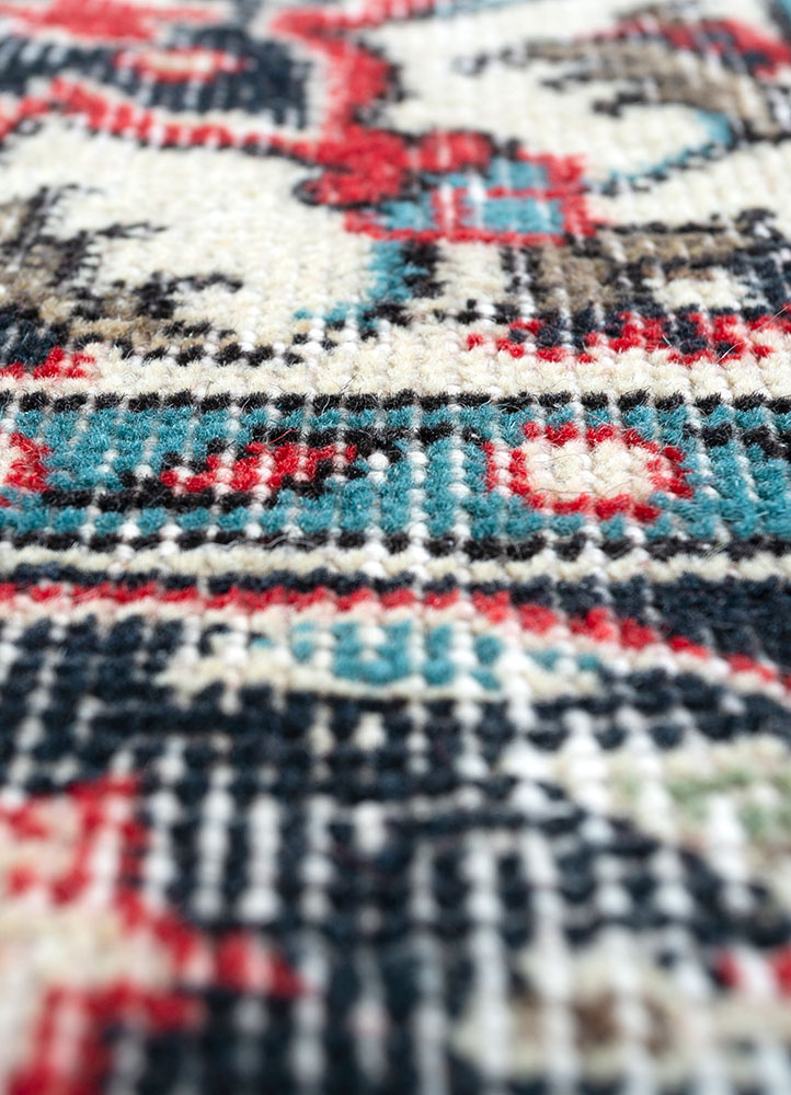 vintage red and orange wool hand knotted Rug - CloseUp