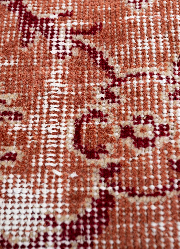 vintage red and orange wool hand knotted Rug - CloseUp