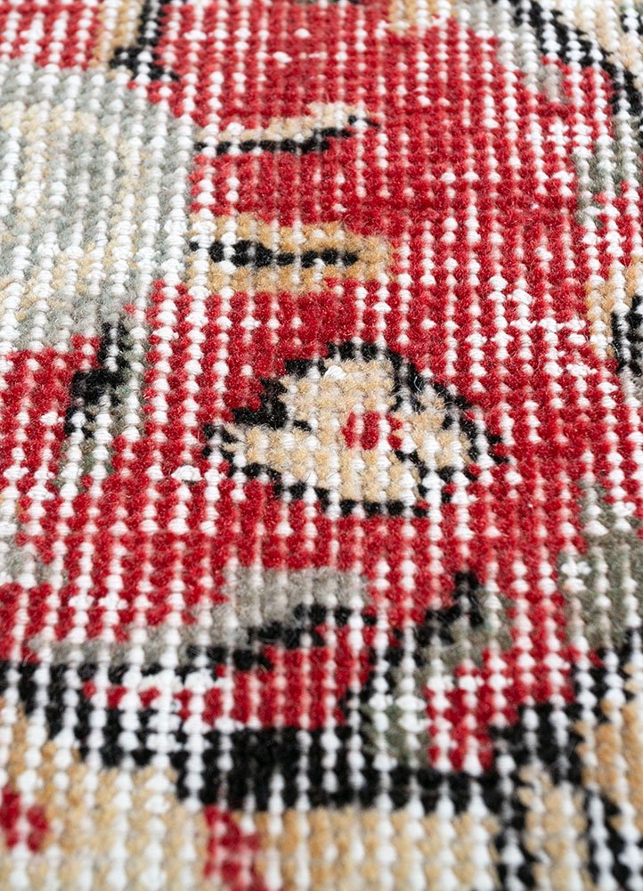 vintage red and orange wool hand knotted Rug - CloseUp