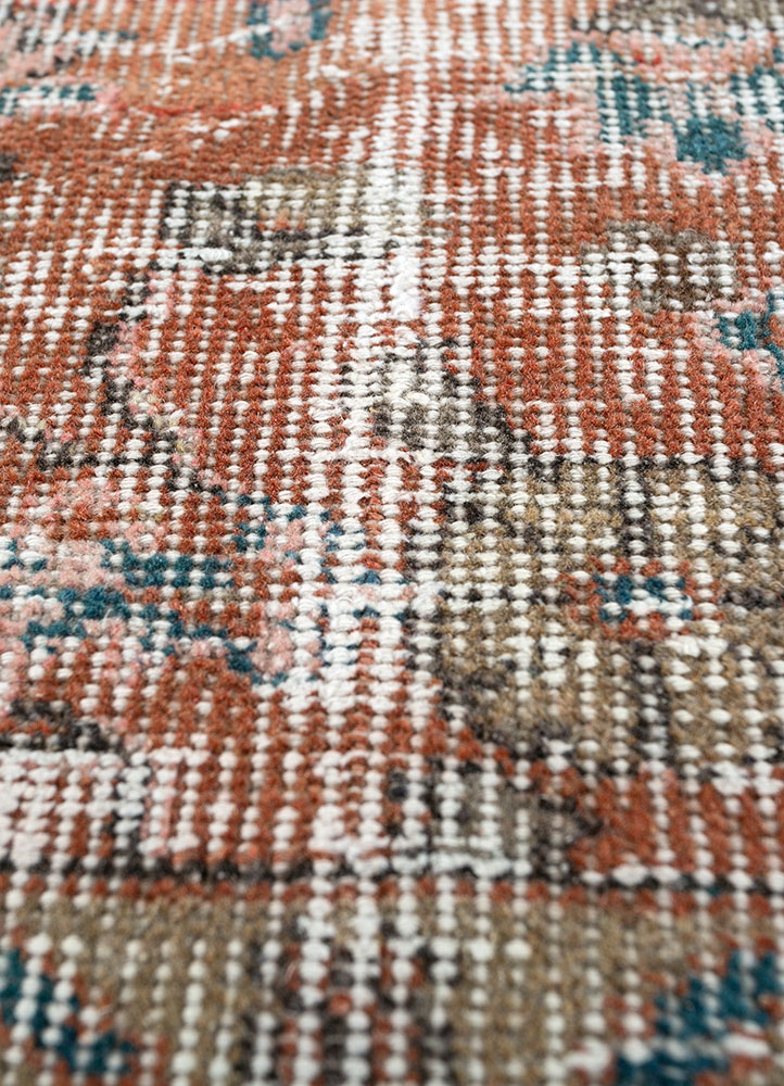vintage red and orange wool hand knotted Rug - CloseUp
