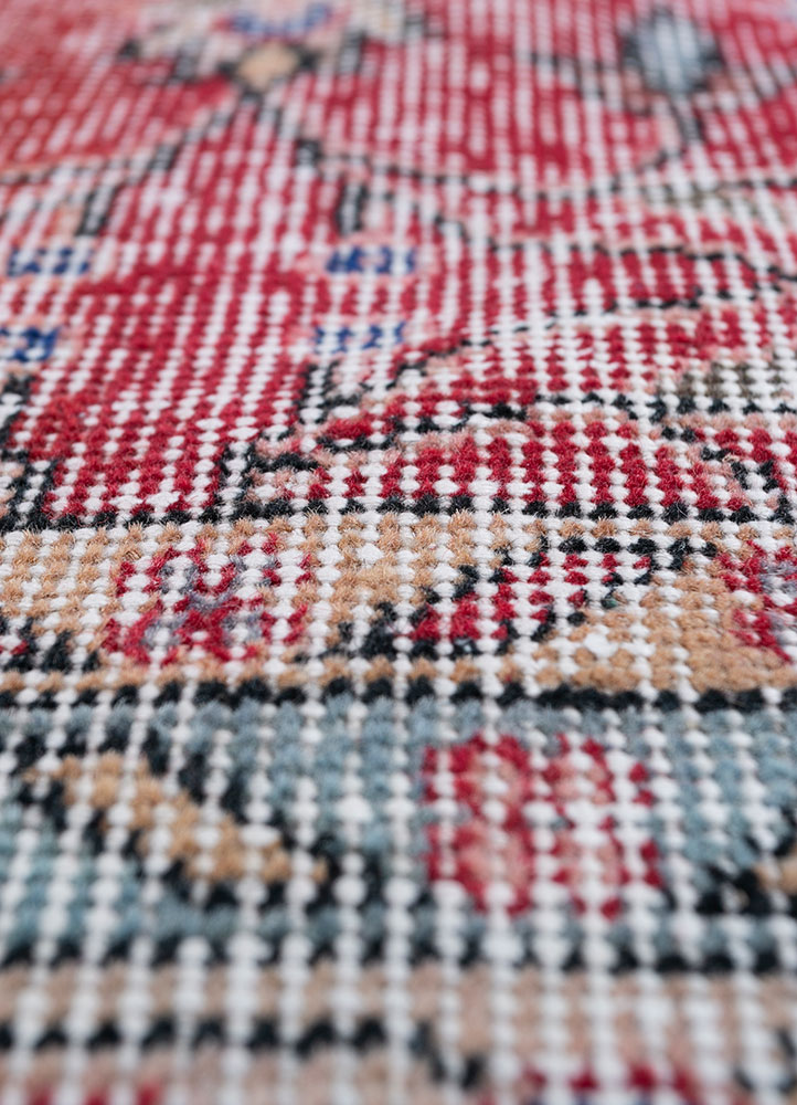 vintage red and orange wool hand knotted Rug - CloseUp