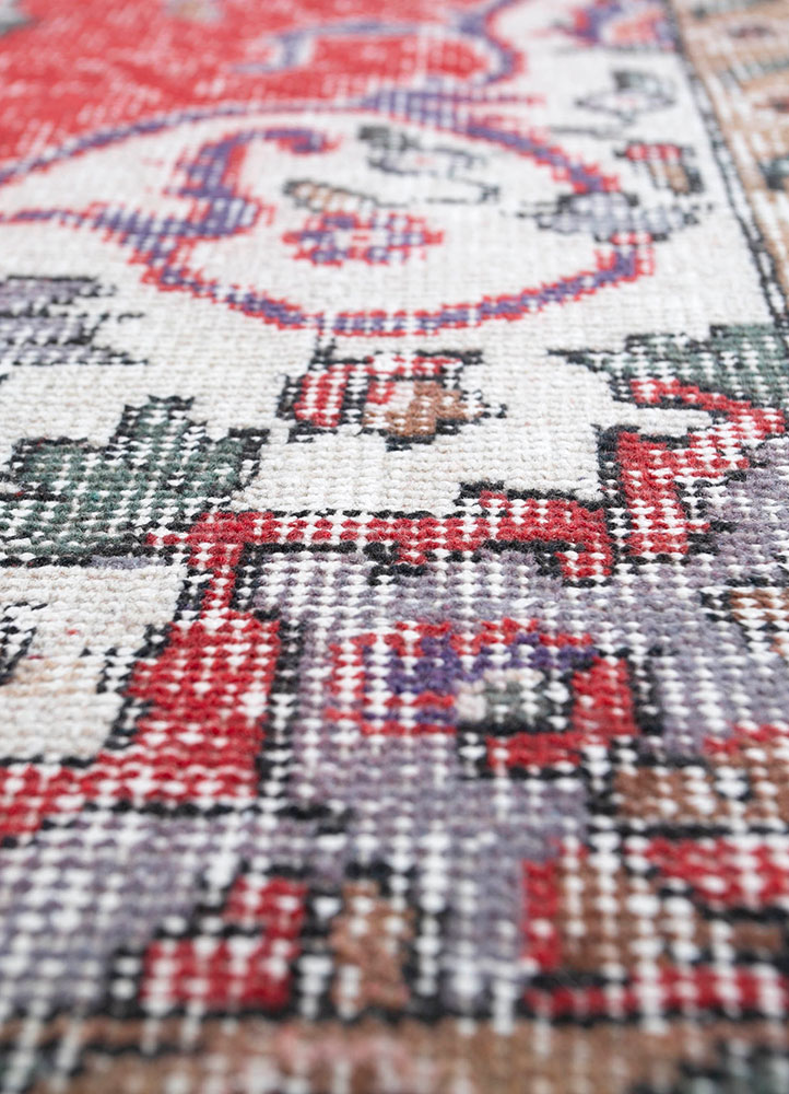 vintage red and orange wool hand knotted Rug - CloseUp