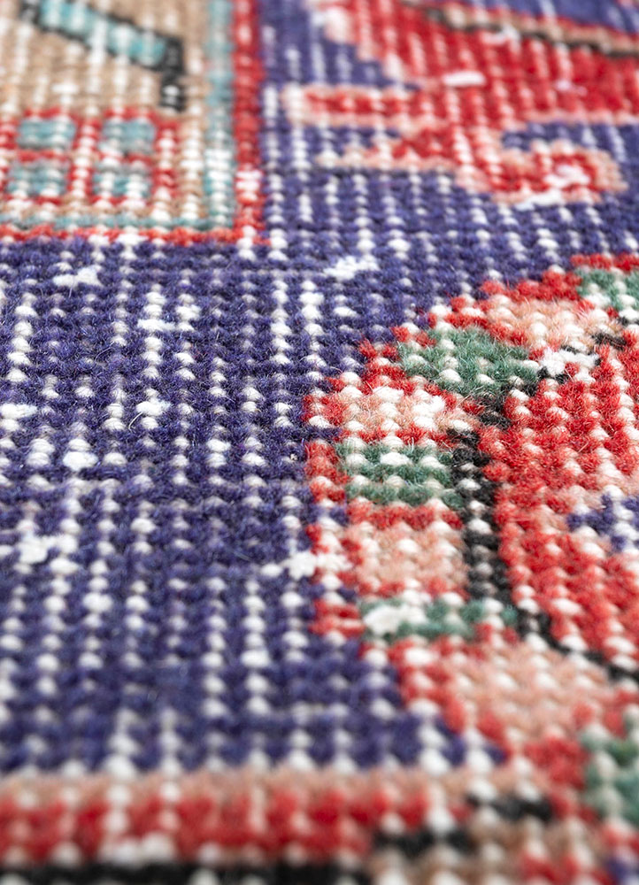 vintage red and orange wool hand knotted Rug - CloseUp