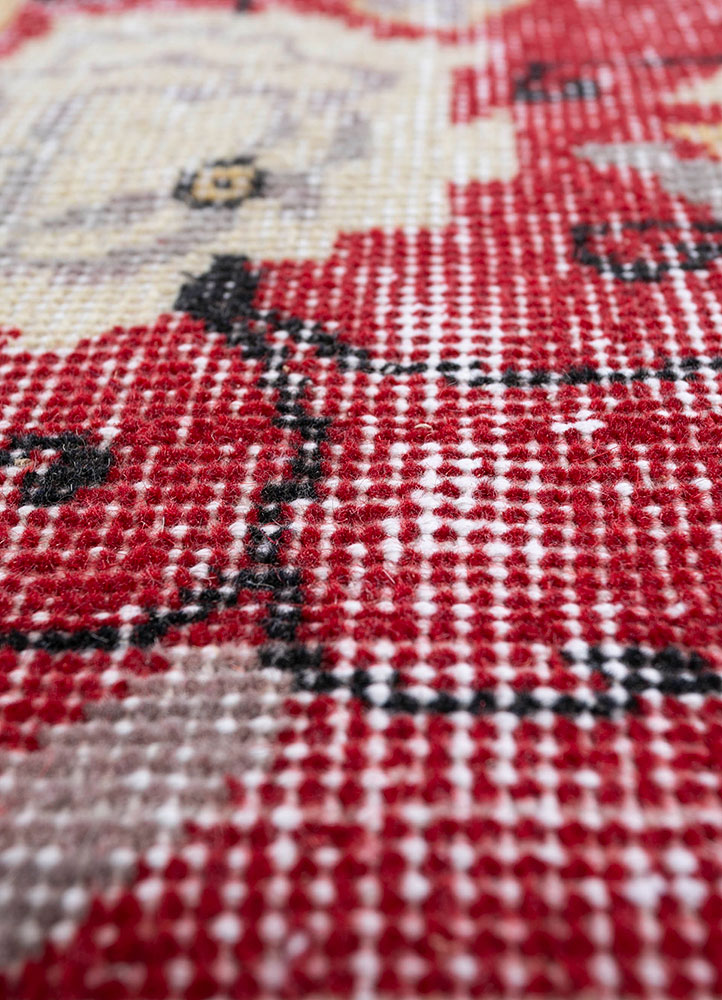 vintage red and orange wool hand knotted Rug - CloseUp