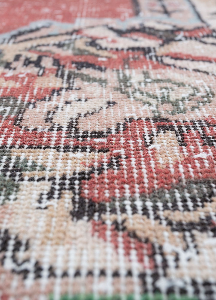 vintage red and orange wool hand knotted Rug - CloseUp