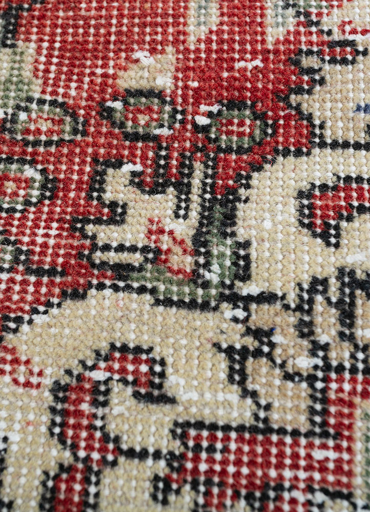 vintage red and orange wool hand knotted Rug - CloseUp