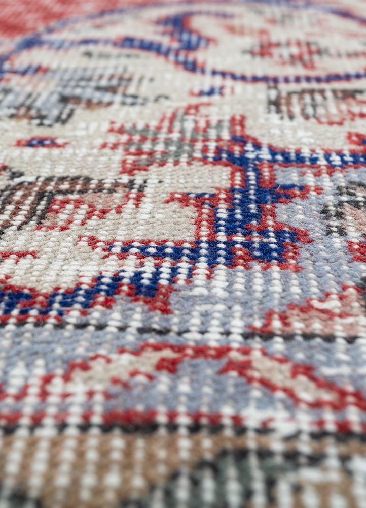 vintage red and orange wool hand knotted Rug - CloseUp
