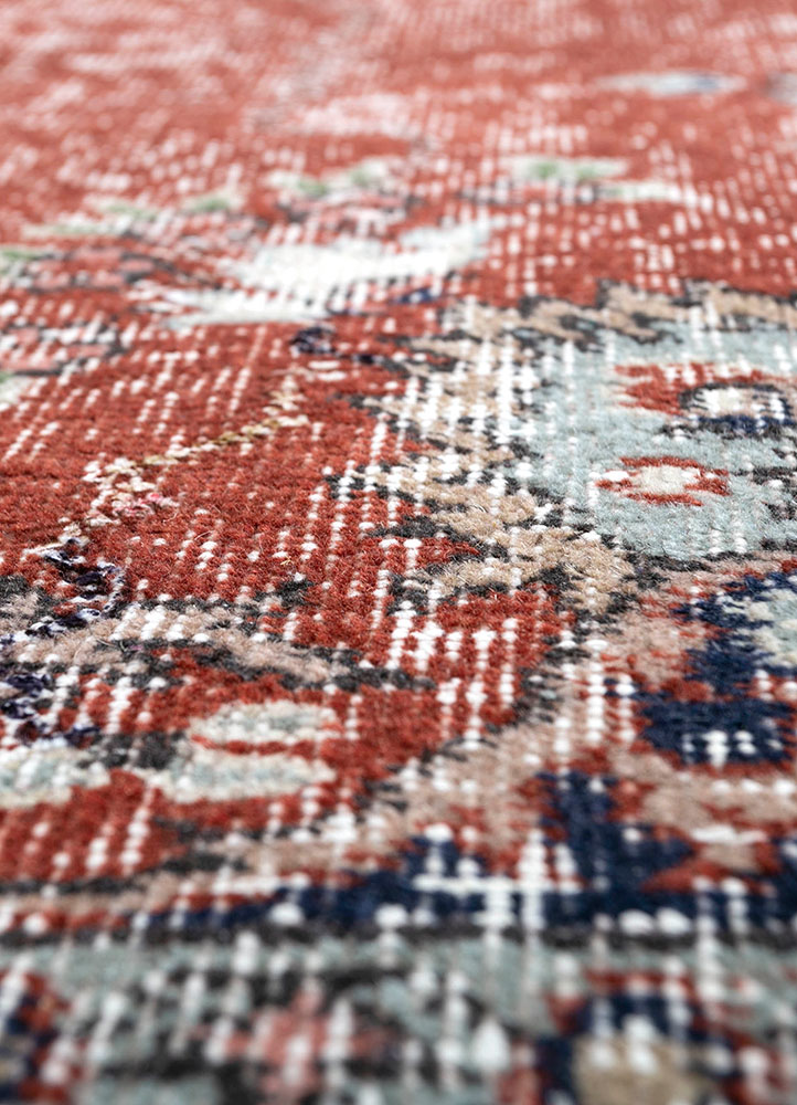 vintage red and orange wool hand knotted Rug - CloseUp