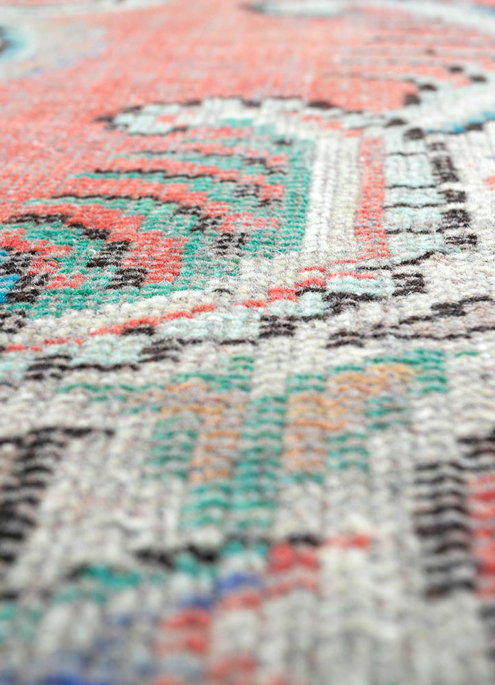 vintage red and orange wool hand knotted Rug - CloseUp