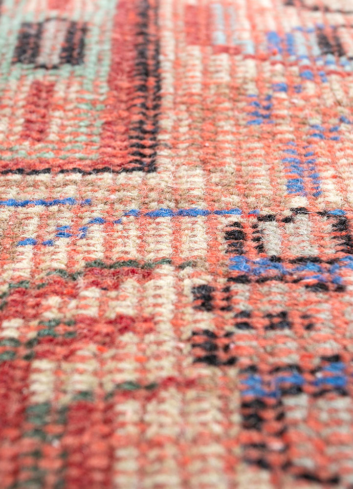 vintage red and orange wool hand knotted Rug - CloseUp