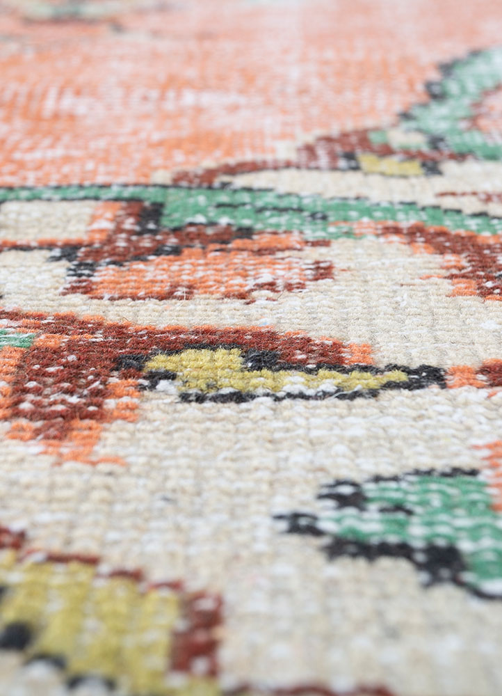 vintage red and orange wool hand knotted Rug - CloseUp