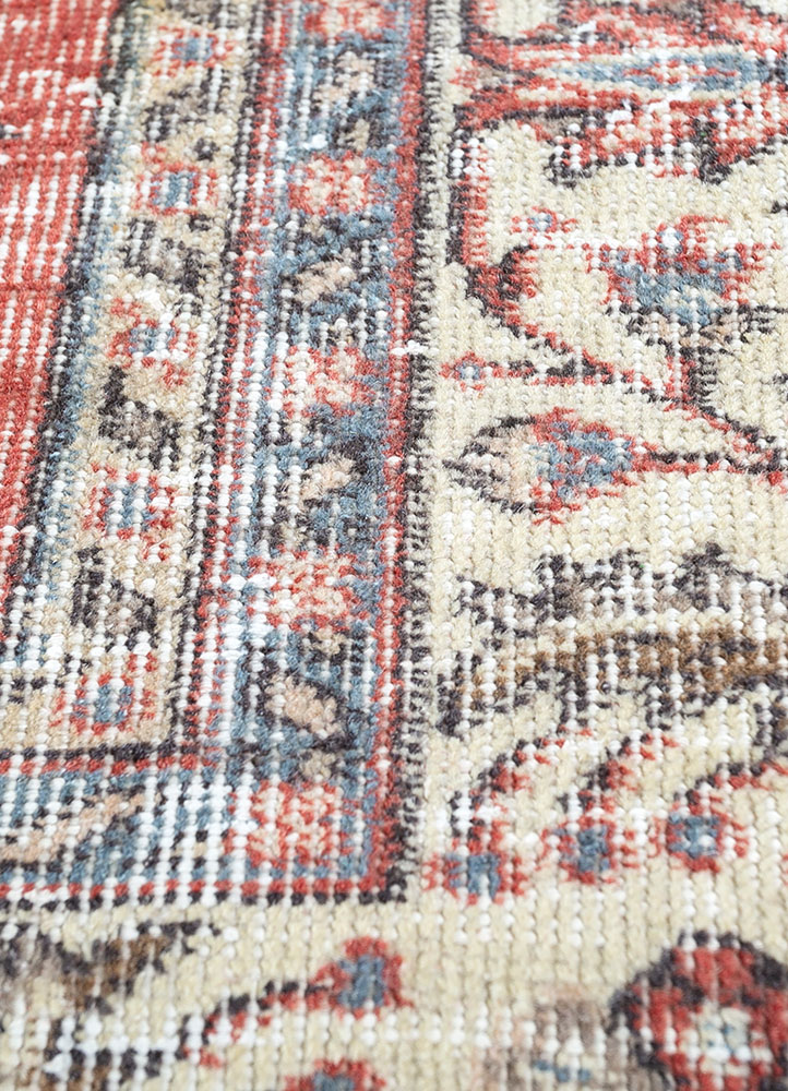 vintage red and orange wool hand knotted Rug - CloseUp