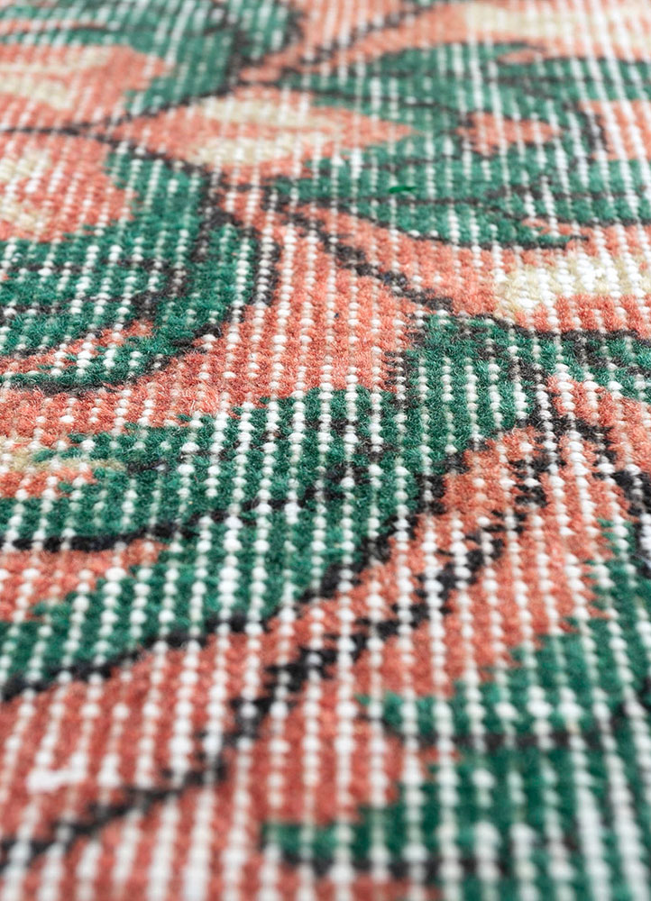 vintage red and orange wool hand knotted Rug - CloseUp