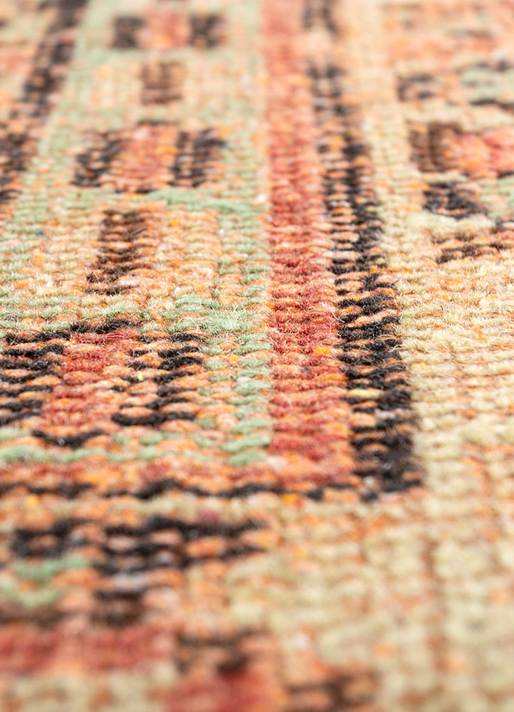 vintage red and orange wool hand knotted Rug - CloseUp