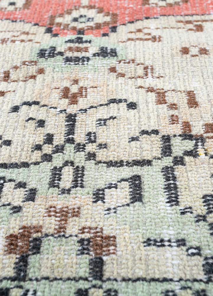 vintage red and orange wool hand knotted Rug - CloseUp