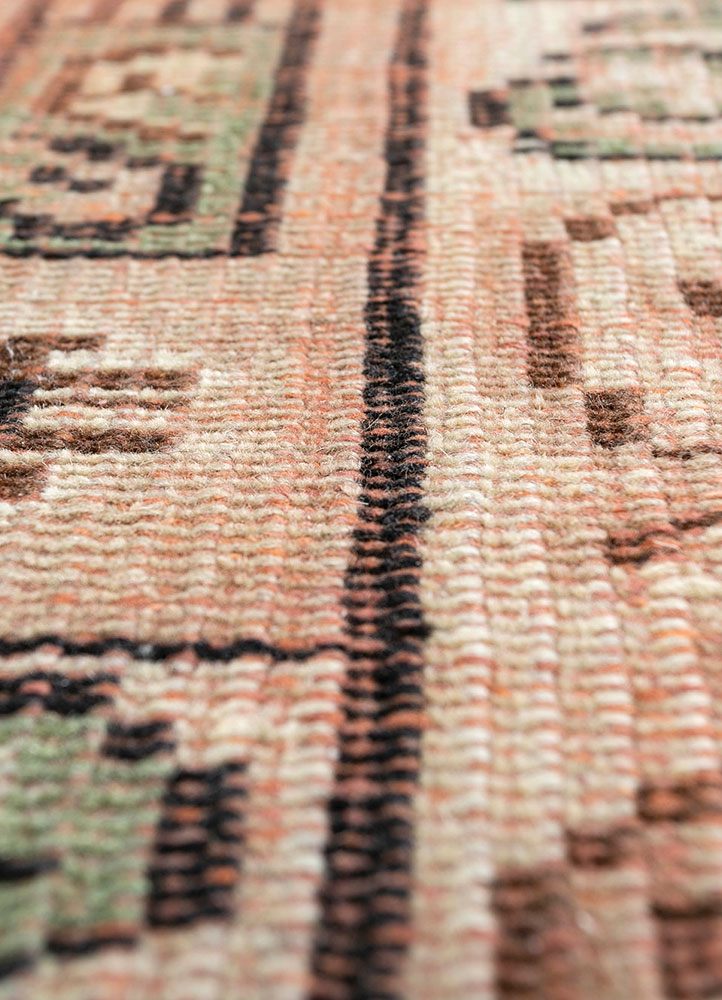 vintage red and orange wool hand knotted Rug - CloseUp