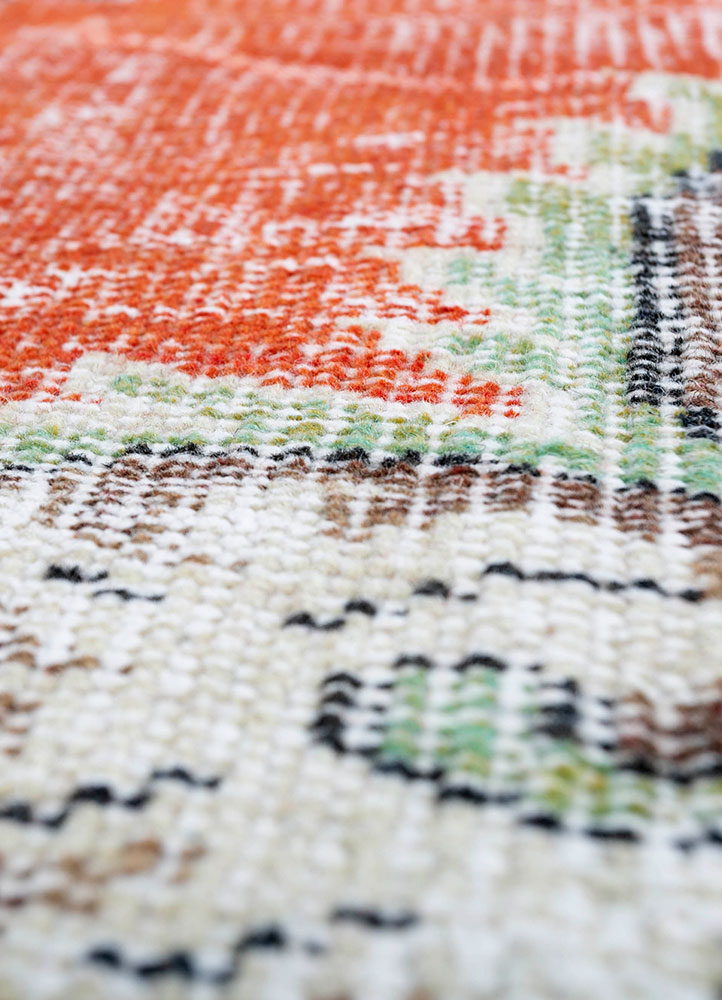 vintage red and orange wool hand knotted Rug - CloseUp