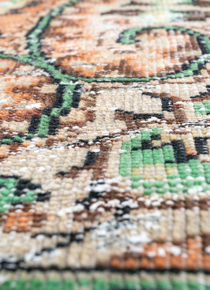 vintage red and orange wool hand knotted Rug - CloseUp