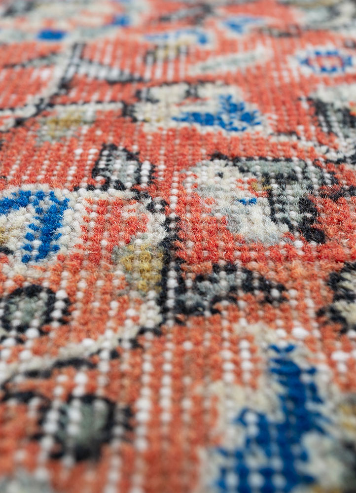 vintage red and orange wool hand knotted Rug - CloseUp
