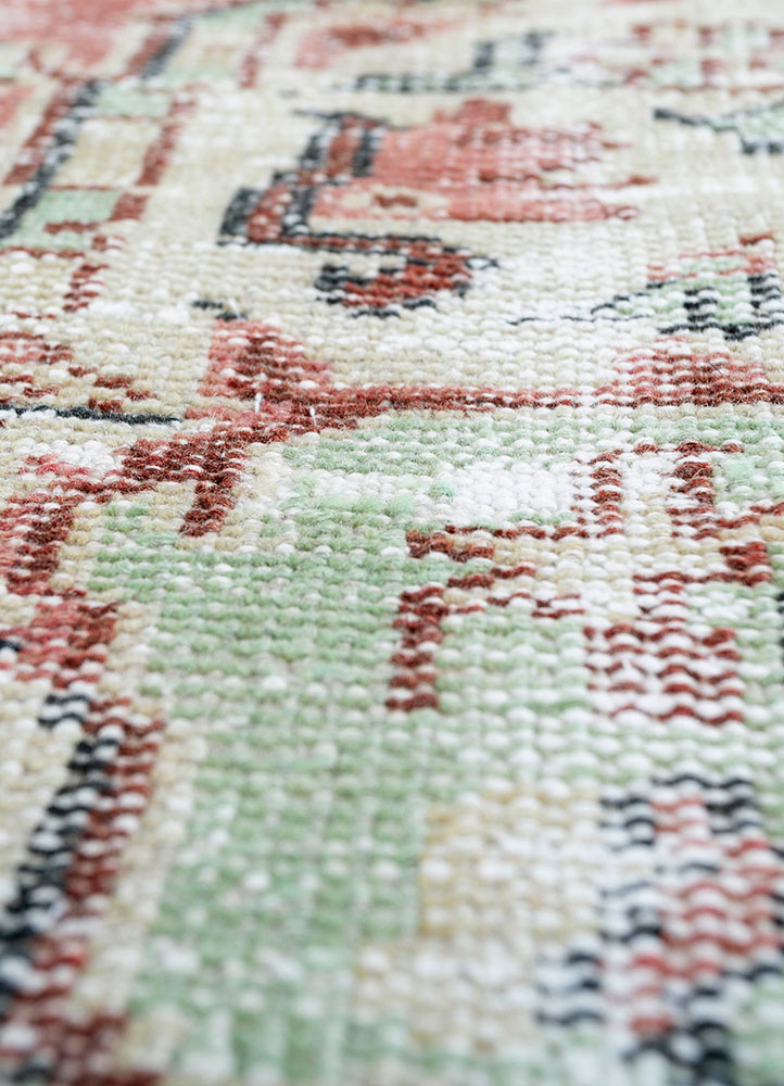 vintage red and orange wool hand knotted Rug - CloseUp