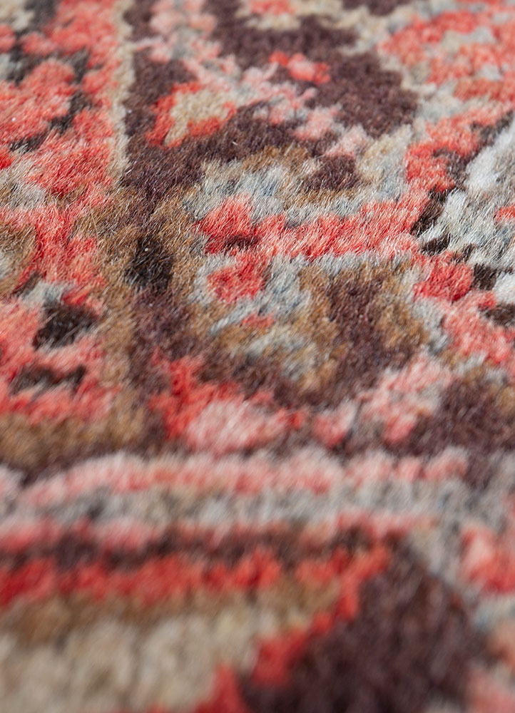 aalam red and orange wool hand knotted Rug - CloseUp