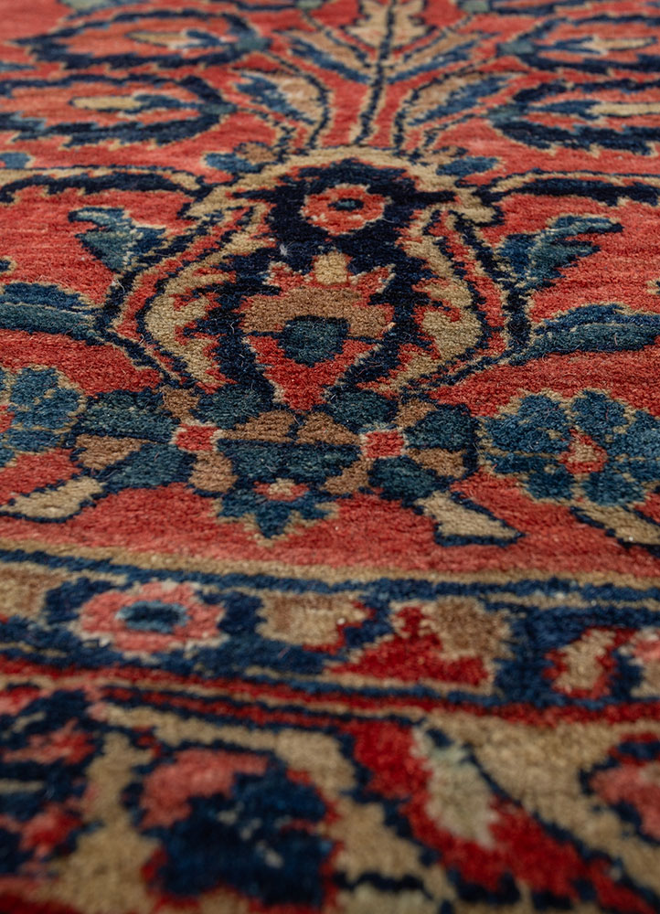 aalam red and orange wool hand knotted Rug - CloseUp