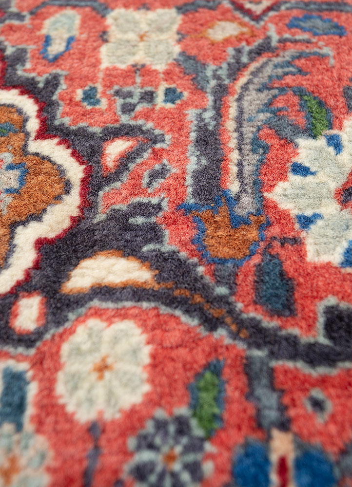 aalam red and orange wool hand knotted Rug - CloseUp