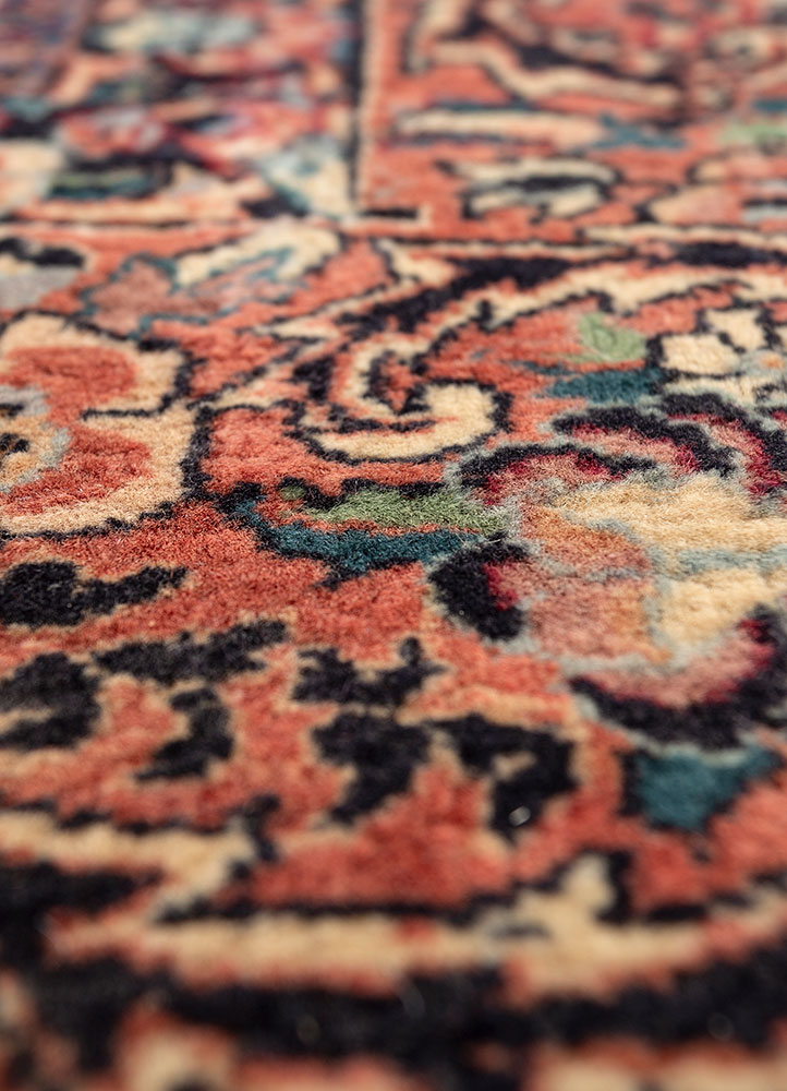 aalam red and orange wool hand knotted Rug - CloseUp