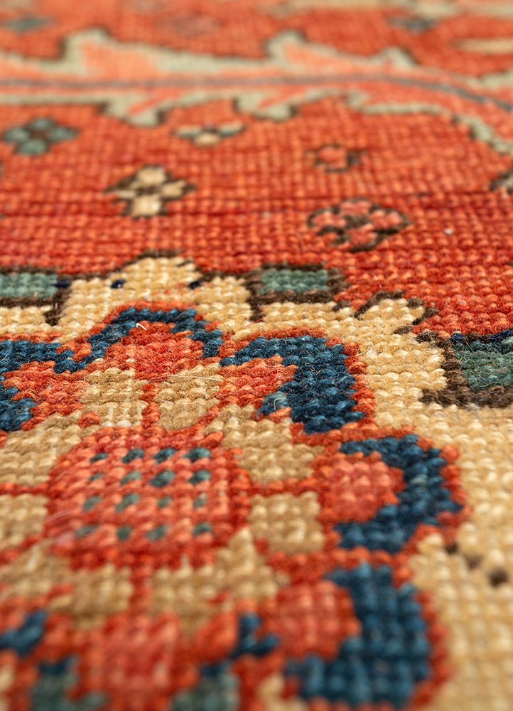 aalam red and orange wool hand knotted Rug - CloseUp