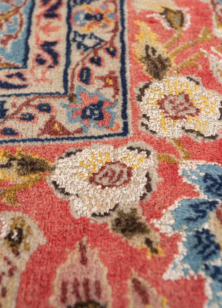 aalam red and orange wool and silk hand knotted Rug - CloseUp
