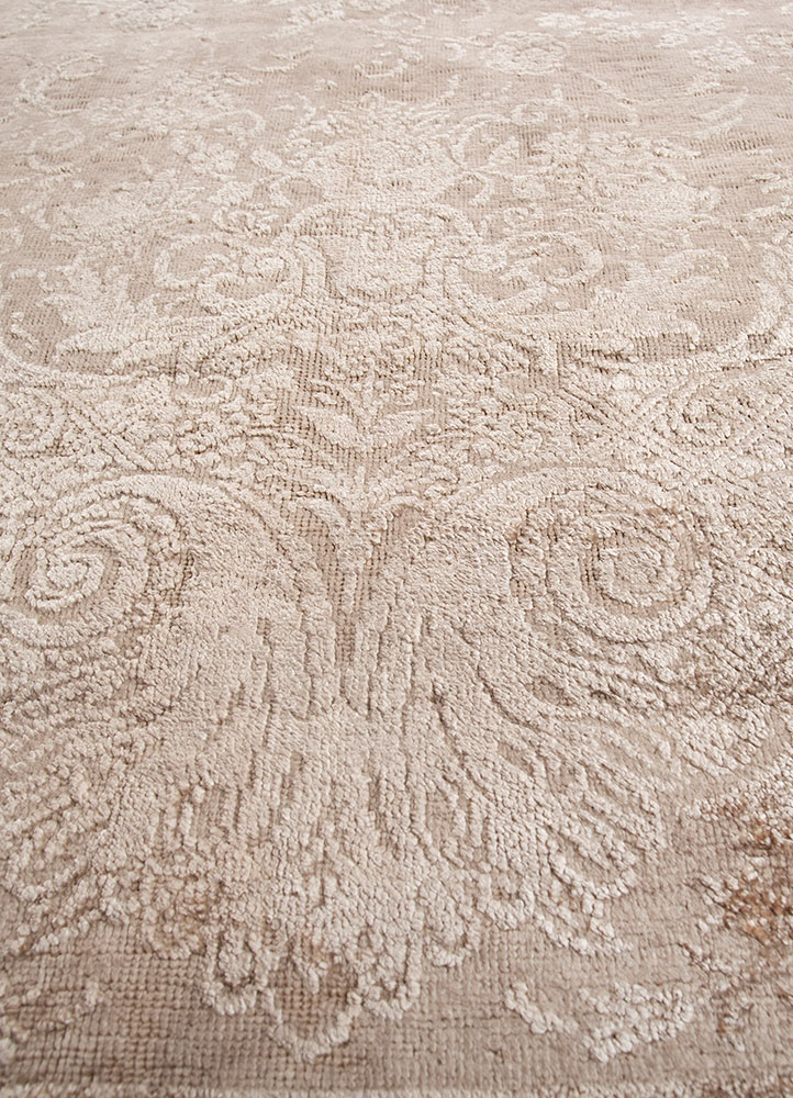 aalam beige and brown wool and silk hand knotted Rug - CloseUp