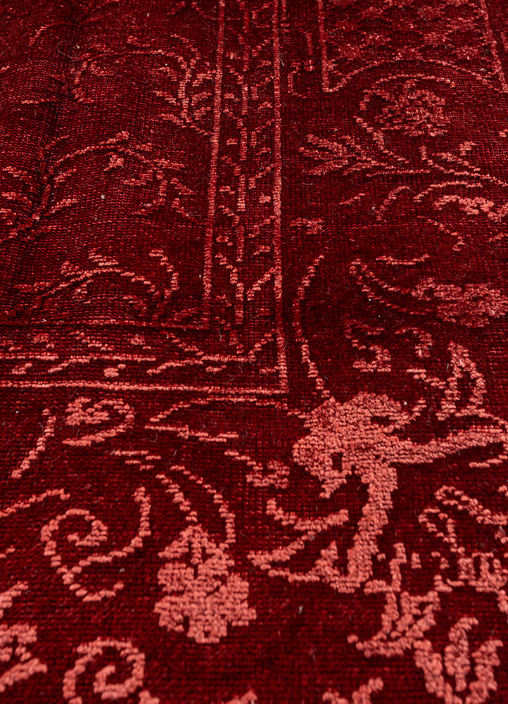 aalam red and orange wool and silk hand knotted Rug - CloseUp