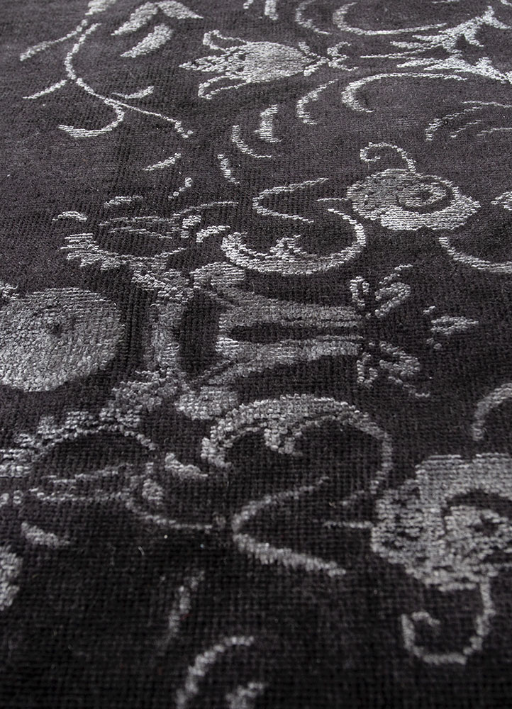 azalea grey and black wool and silk hand knotted Rug - CloseUp