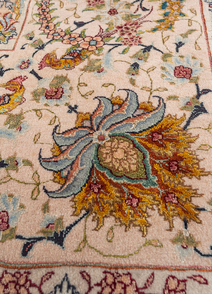 aalam red and orange wool and silk hand knotted Rug - CloseUp
