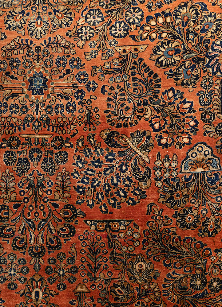 aalam red and orange wool hand knotted Rug - CloseUp