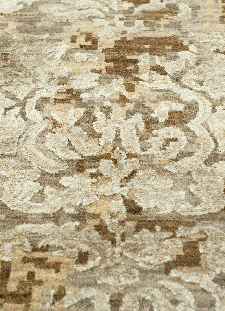 far east beige and brown wool and silk hand knotted Rug - CloseUp