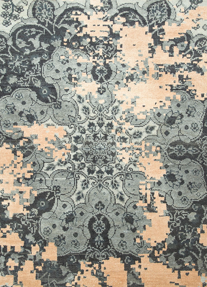 far east green wool and silk hand knotted Rug - CloseUp