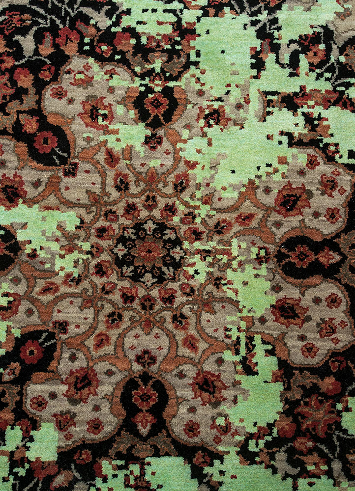 far east beige and brown wool and silk hand knotted Rug - CloseUp