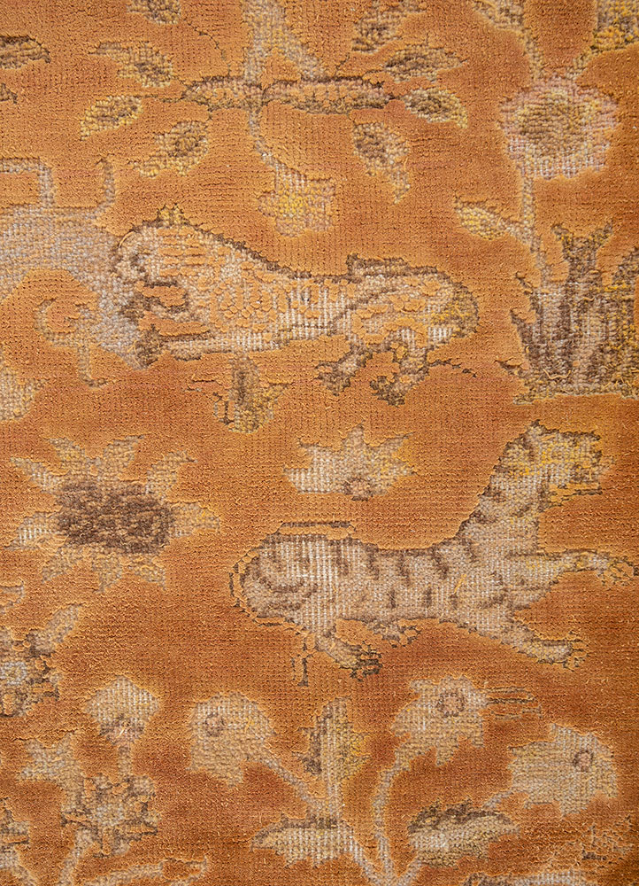 far east red and orange wool and silk hand knotted Rug - CloseUp