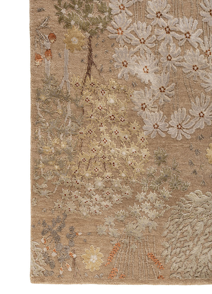 far east beige and brown wool and silk hand knotted Rug - CloseUp