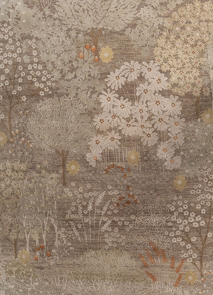 far east beige and brown wool and silk hand knotted Rug - CloseUp
