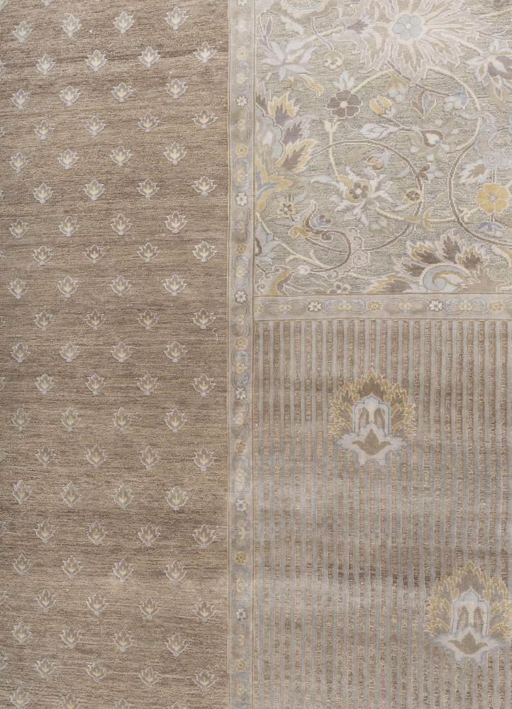 far east green wool and silk hand knotted Rug - CloseUp