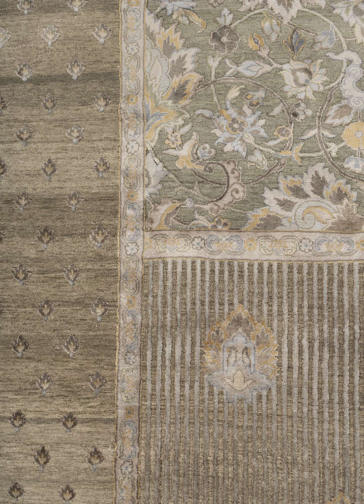 far east beige and brown wool and silk hand knotted Rug - CloseUp