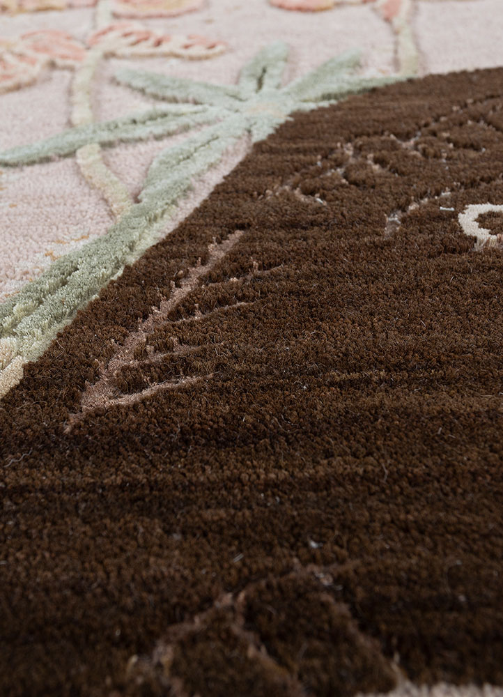 inde rose beige and brown wool and silk hand knotted Rug - CloseUp
